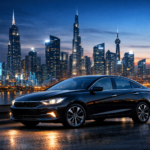 Sleek sedan against city skyline representing business and automotive sophistication
