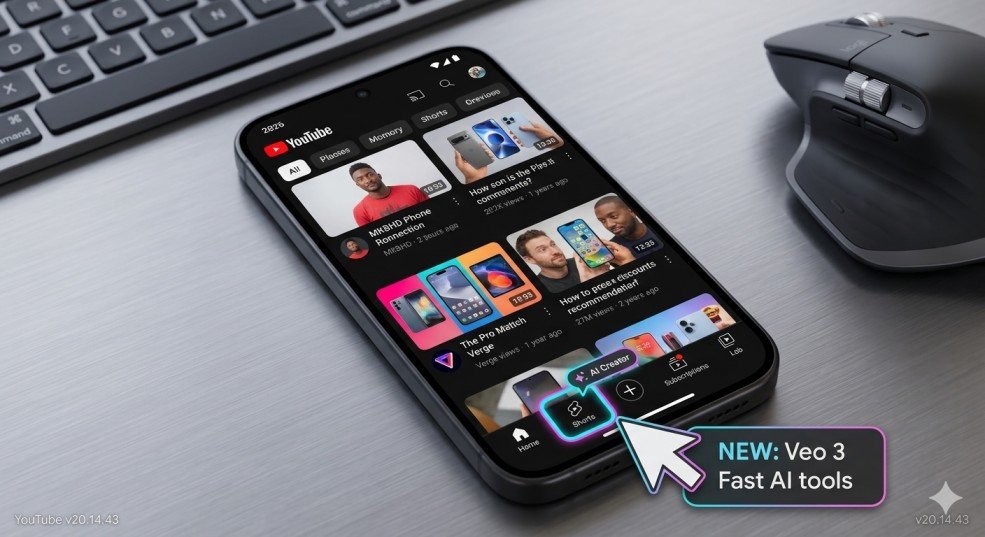 Directly after this section, add a high-resolution screenshot of the YouTube Home Feed on a modern device, highlighting the clean UI and the "AI Creator" button in the Shorts tab Directly after this section, add a high-resolution screenshot of the YouTube Home Feed on a modern device, highlighting the clean UI and the "AI Creator" button in the Shorts tab